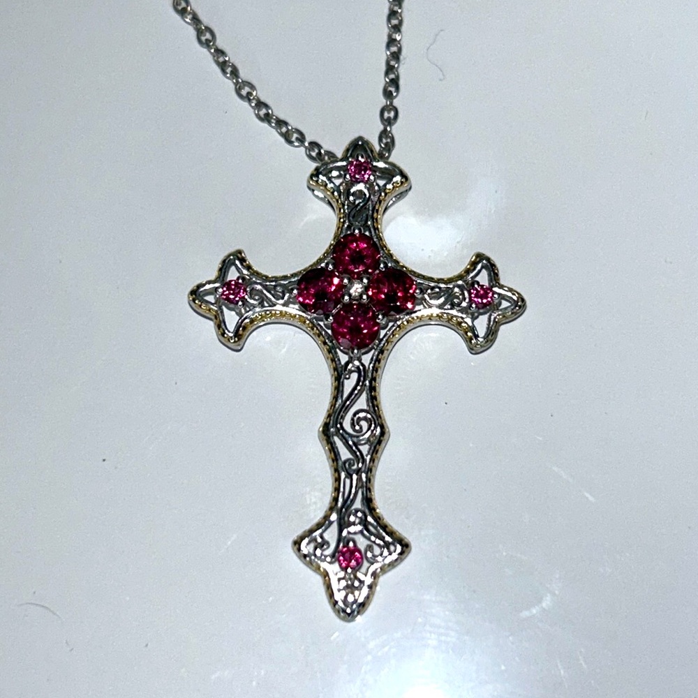 Chuck Clemency Sterling Silver Garnet Gemstone Cross Pendant/ Necklace Bohemian